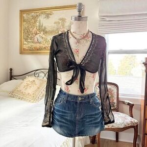 y2k black silk tie top  y2k silk embroidered tie front top tag large